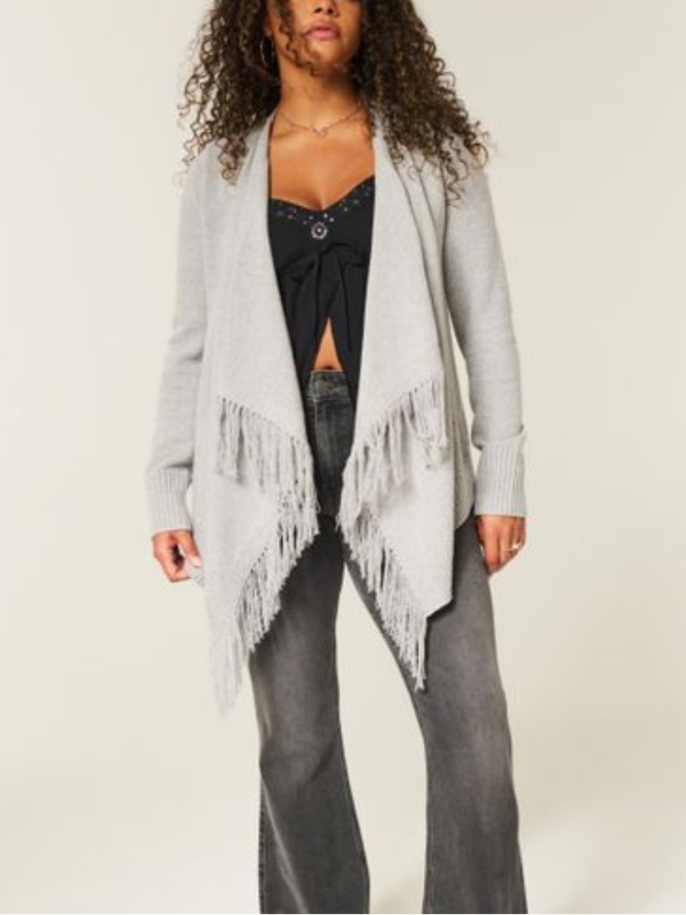Hollister Light Gray Fringe Drape Cardigan